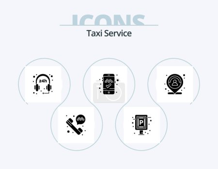 Téléchargez les illustrations : Taxi Service Glyph Icon Pack 5 Icon Design. person. map. support. location. mobile app - en licence libre de droit