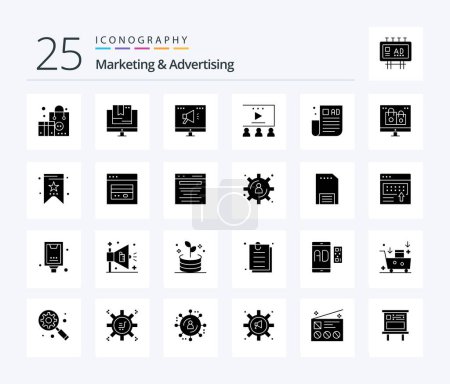 Téléchargez les illustrations : Marketing And Advertising 25 Solid Glyph icon pack including advertising tips. video advertising. technology. social media marketing. online - en licence libre de droit