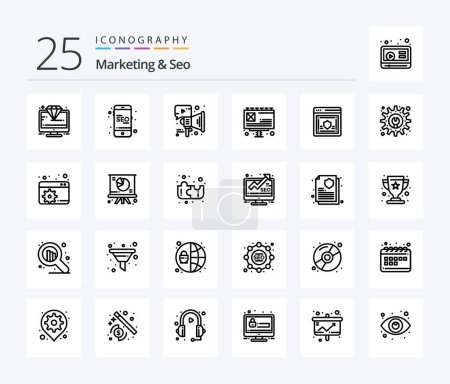 Téléchargez les illustrations : Marketing And Seo 25 Line icon pack including password. billboard. online. advertising. speaker - en licence libre de droit