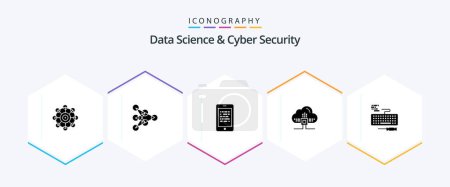 Illustration for Data Science And Cyber Security 25 Glyph icon pack including key. cloud. mobile. data. elearning - Royalty Free Image