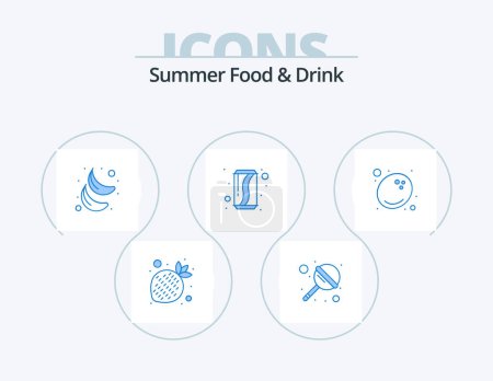 Illustration for Summer Food and Drink Blue Icon Pack 5 Icon Design. fruits. coconut. fresh. soda. cola - Royalty Free Image