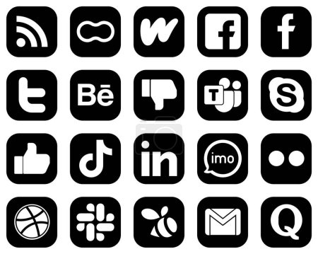 Illustration for 20 Fully Editable White Social Media Icons on Black Background such as skype. microsoft team. fb. facebook and behance icons. High-resolution and editable - Royalty Free Image