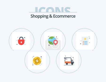 Téléchargez les illustrations : Shopping and Ecommerce Flat Icon Pack 5 Icon Design. id card. card. lock. shopping. globe - en licence libre de droit