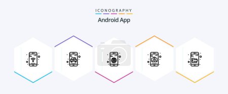 Téléchargez les illustrations : Android App 25 Line icon pack including research. drive search. app. mobile. application - en licence libre de droit