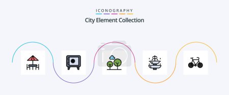 Téléchargez les illustrations : City Element Collection Line Filled Flat 5 Icon Pack Including sport. bicycle. evergreen tree. tourist. journey - en licence libre de droit