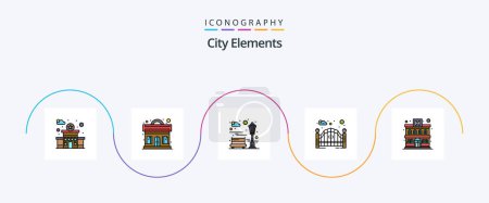 Téléchargez les illustrations : City Elements Line Filled Flat 5 Icon Pack Including hotel. apartment. city. street gate. gate - en licence libre de droit