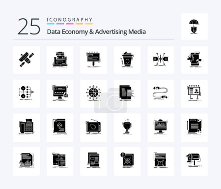 Illustration for Data Economy And Advertising Media 25 Solid Glyph icon pack including coffee. product. data. promo. advertising - Royalty Free Image
