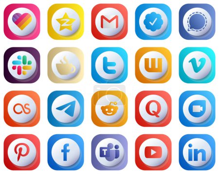Ilustración de 20 Cute High Resolution 3D Gradient Social Media Icons such as wattpad. twitter. signal and caffeine icons. High-Quality and Stylish - Imagen libre de derechos