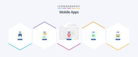 Téléchargez les illustrations : Mobile Apps 25 Flat icon pack including device. mobile. instant messenger. gear. navigation - en licence libre de droit
