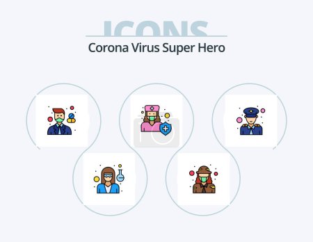 Ilustración de Corona Virus Super Hero Line Filled Icon Pack 5 Icon Design. male. officer. avatar. force. pharmacist - Imagen libre de derechos