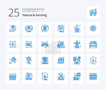 Illustration for Nature And Farming 25 Blue Color icon pack including apple. farming. plant. sun. landscape - Royalty Free Image