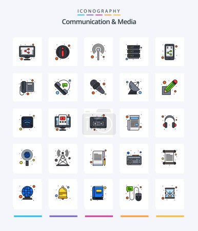 Ilustración de Creative Communication And Media 25 Line FIlled icon pack  Such As social. media. network. internet. server - Imagen libre de derechos