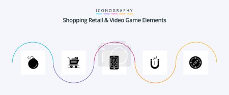 Téléchargez les illustrations : Shoping Retail And Video Game Elements Glyph 5 Icon Pack Including gps. direction. mobile. navigation. attracting - en licence libre de droit