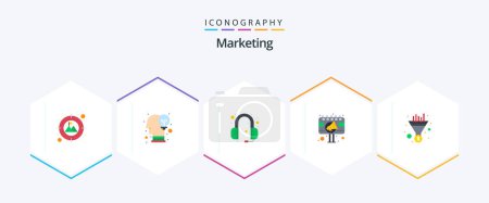 Illustration for Marketing 25 Flat icon pack including funnel. sign board. headphones. billboard. advertisement - Royalty Free Image