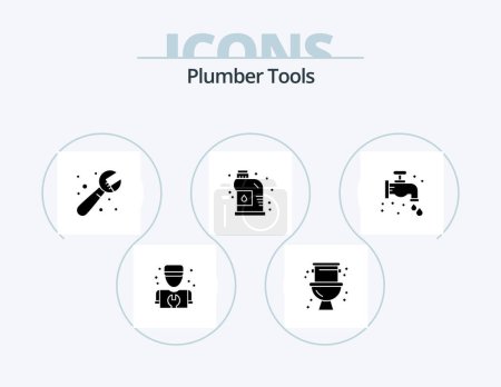 Téléchargez les illustrations : Plumber Glyph Icon Pack 5 Icon Design. . plumbing. cleaner. plumber. faucet - en licence libre de droit