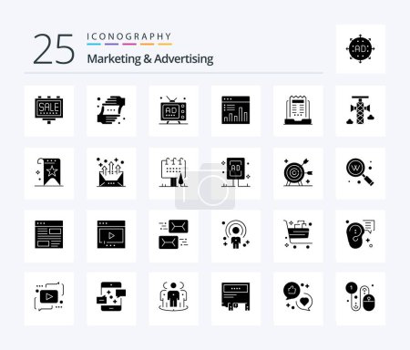 Téléchargez les illustrations : Marketing And Advertising 25 Solid Glyph icon pack including graph. analytics. shot. analysis. multimedia - en licence libre de droit