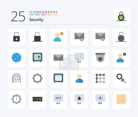 Téléchargez les illustrations : Security 25 Flat Color icon pack including global. secure. mail. safety. lock - en licence libre de droit