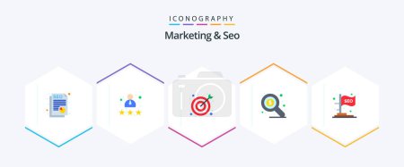 Illustration for Marketing And Seo 25 Flat icon pack including seo. idea. bulls eye. flag. search - Royalty Free Image