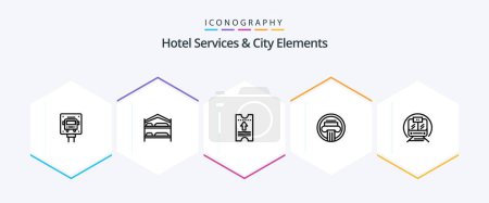 Téléchargez les illustrations : Hotel Services And City Elements 25 Line icon pack including greek. building. hotel. architecture. arrow - en licence libre de droit