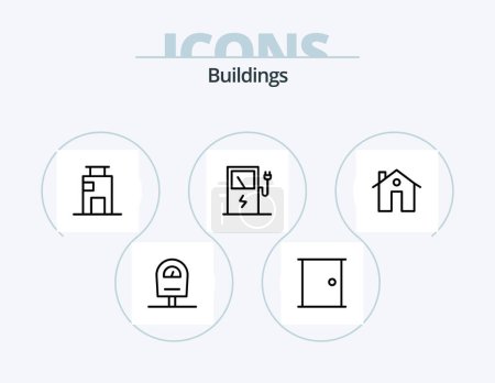 Téléchargez les illustrations : Buildings Line Icon Pack 5 Icon Design. . sign. architecture. shop. skyscrapers - en licence libre de droit