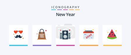 Téléchargez les illustrations : New Year Flat 5 Icon Pack Including piece. celebration. music. year. calendar. Creative Icons Design - en licence libre de droit