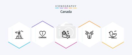 Téléchargez les illustrations : Canada 25 Line icon pack including canada. duck. map. reindeer. arctic - en licence libre de droit