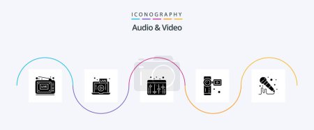 Illustration for Audio And Video Glyph 5 Icon Pack Including sound. mic. adjustment. video camera. camera - Royalty Free Image