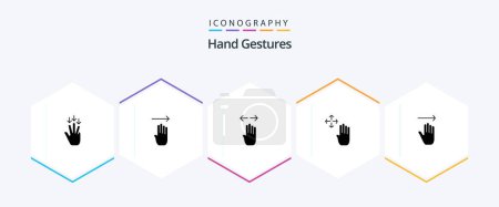 Téléchargez les illustrations : Hand Gestures 25 Glyph icon pack including hand. up. four. hand cursor. right - en licence libre de droit