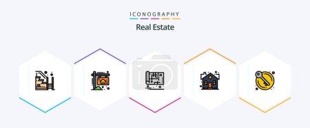 Téléchargez les illustrations : Real Estate 25 FilledLine icon pack including sweet home. home. house. building. map - en licence libre de droit