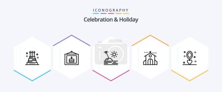 Téléchargez les illustrations : Celebration and Holiday 25 Line icon pack including wedding. event. picture. church. vacation - en licence libre de droit