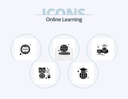 Ilustración de Online Learning Glyph Icon Pack 5 Icon Design. knowledge. education. globe. article. university - Imagen libre de derechos