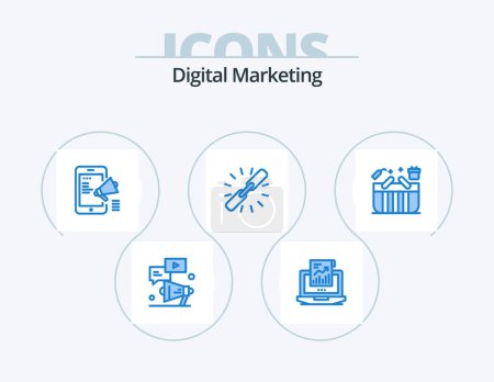 Ilustración de Digital Marketing Blue Icon Pack 5 Icon Design. chain. link. laptop. mobile advertising. media - Imagen libre de derechos