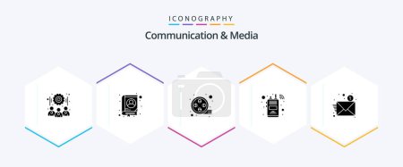 Illustration for Communication And Media 25 Glyph icon pack including notification. email. movie. walkie talkie. cordless phone - Royalty Free Image