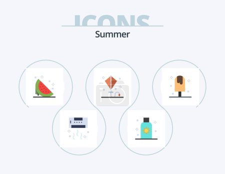 Téléchargez les illustrations : Summer Flat Icon Pack 5 Icon Design. kite. happy. sun. watermelon. summer - en licence libre de droit