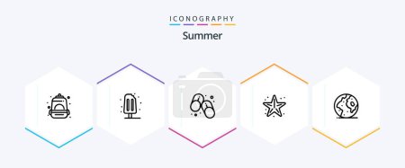 Illustration for Summer 25 Line icon pack including earth. star. flip flops. sea. beach - Royalty Free Image