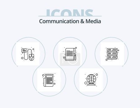 Téléchargez les illustrations : Communication And Media Line Icon Pack 5 Icon Design. notify. bell. audio cassette. script. newspaper - en licence libre de droit