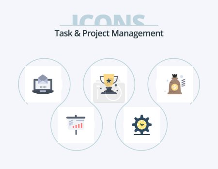 Téléchargez les illustrations : Task And Project Management Flat Icon Pack 5 Icon Design. . dollar. laptop. bag. cup - en licence libre de droit