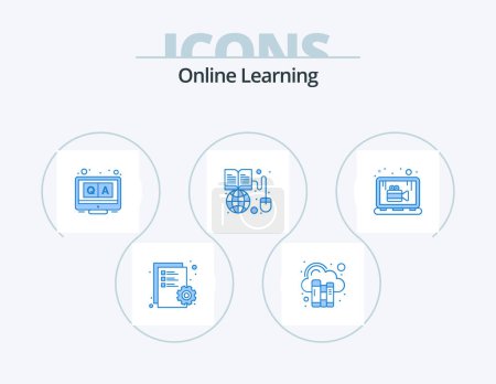 Téléchargez les illustrations : Online Learning Blue Icon Pack 5 Icon Design. online. world wide. answers. online. book - en licence libre de droit