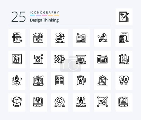 Ilustración de Design Thinking 25 Line icon pack including tutorial. book. picture. light bulb. online - Imagen libre de derechos