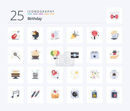 Téléchargez les illustrations : Birthday 25 Flat Color icon pack including party. celebrate. party. birthday. decoration - en licence libre de droit