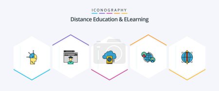 Illustration for Distance Education And Elearning 25 FilledLine icon pack including global. user. scholar. connections. upload - Royalty Free Image