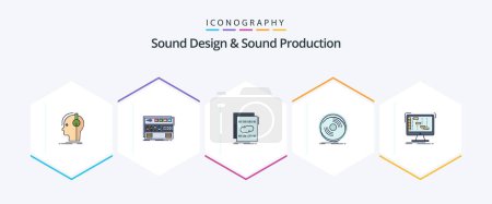 Illustration for Sound Design And Sound Production 25 FilledLine icon pack including phonograph. disc. rackmount. sound. loop - Royalty Free Image