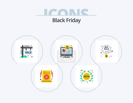 Téléchargez les illustrations : Black Friday Flat Icon Pack 5 Icon Design. monitor. discount. sign. season. sale - en licence libre de droit