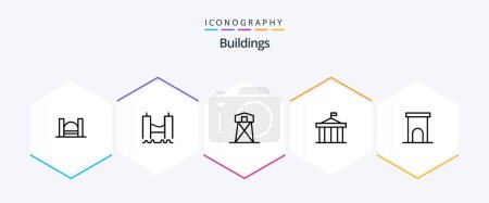 Téléchargez les illustrations : Buildings 25 Line icon pack including house. architecture. tower. greece. columns - en licence libre de droit