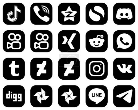 Ilustración de 20 Customizable White Social Media Icons on Black Background such as xing. qzone. text and discord icons. Fully customizable and high-quality - Imagen libre de derechos