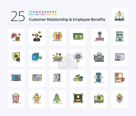 Téléchargez les illustrations : Customer Relationship And Employee Benefits 25 Line Filled icon pack including dollar. fund. popup. money. identity - en licence libre de droit