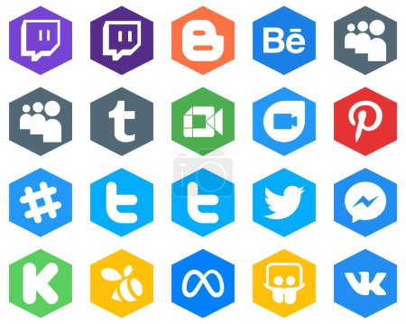 Illustration for Hexagon Flat Color White Icon Set kickstarter. facebook. messenger and twitter 20 Minimalistic Icons - Royalty Free Image