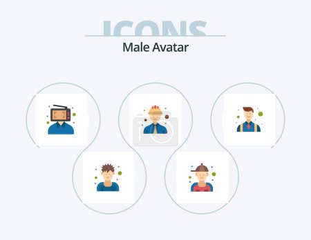 Téléchargez les illustrations : Male Avatar Flat Icon Pack 5 Icon Design. businessman. worker. content. safety worker. marketing - en licence libre de droit