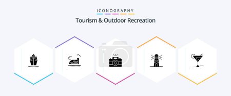 Illustration for Tourism And Outdoor Recreation 25 Glyph icon pack including glasses. house. camera. navigation. lighthouse - Royalty Free Image