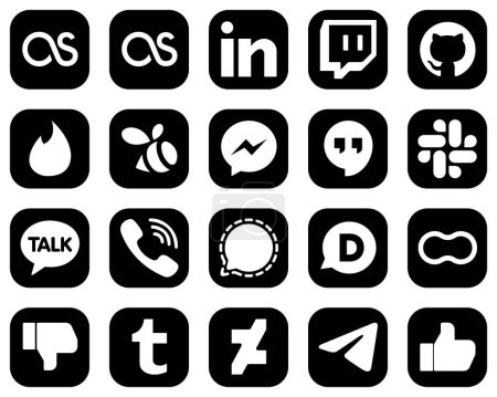 Illustration for 20 Fully Editable White Social Media Icons on Black Background such as mesenger. facebook. rakuten and kakao talk icons. Premium and high-quality - Royalty Free Image